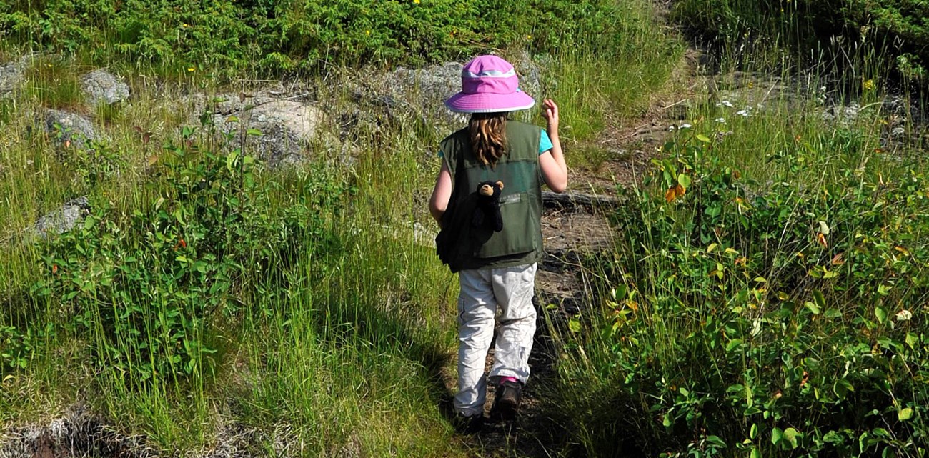 A child with their back turned to the camera hikes on a grassy wilderness trail.