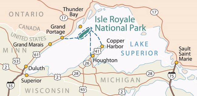 Map of Isle Royale National Park showing its location in Lake Superior and the regional area.