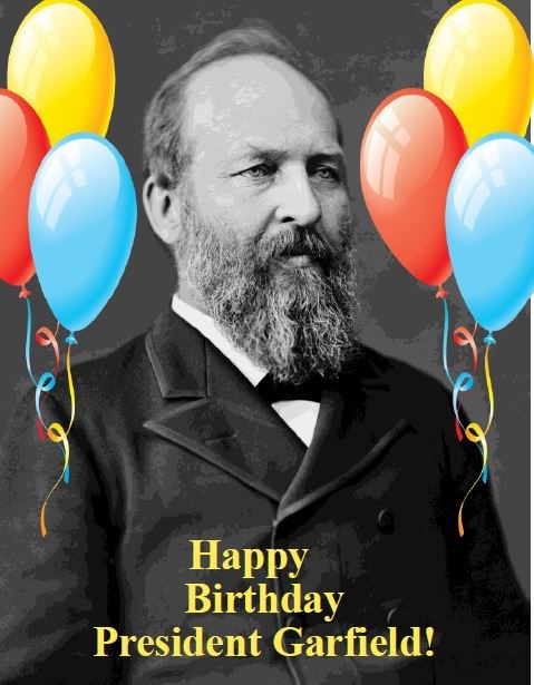 6 balloons- 2 blue, 2 red, and 2 yellow. President Garfield portrait is behind them