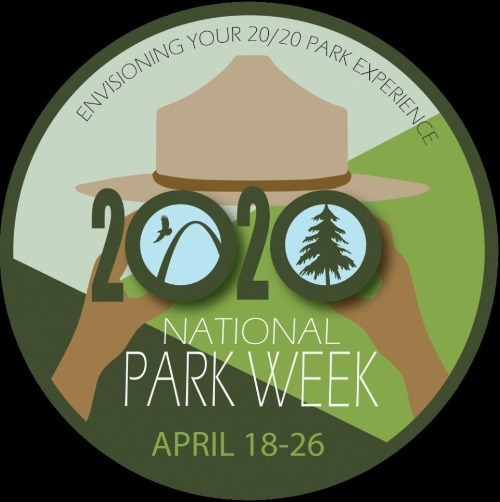 National Park Week 2020 logo, hands holding binoculars and a ranger hat