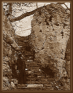 Man standing at the base of the stone staircase built by the CCC for Jewel Cave National Monument.