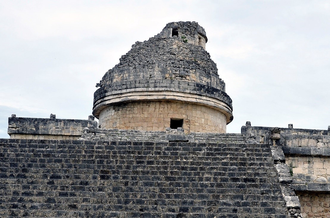 The battered stone face of El Caracol. (Stairways to the Stars, Anthony Aveni)
