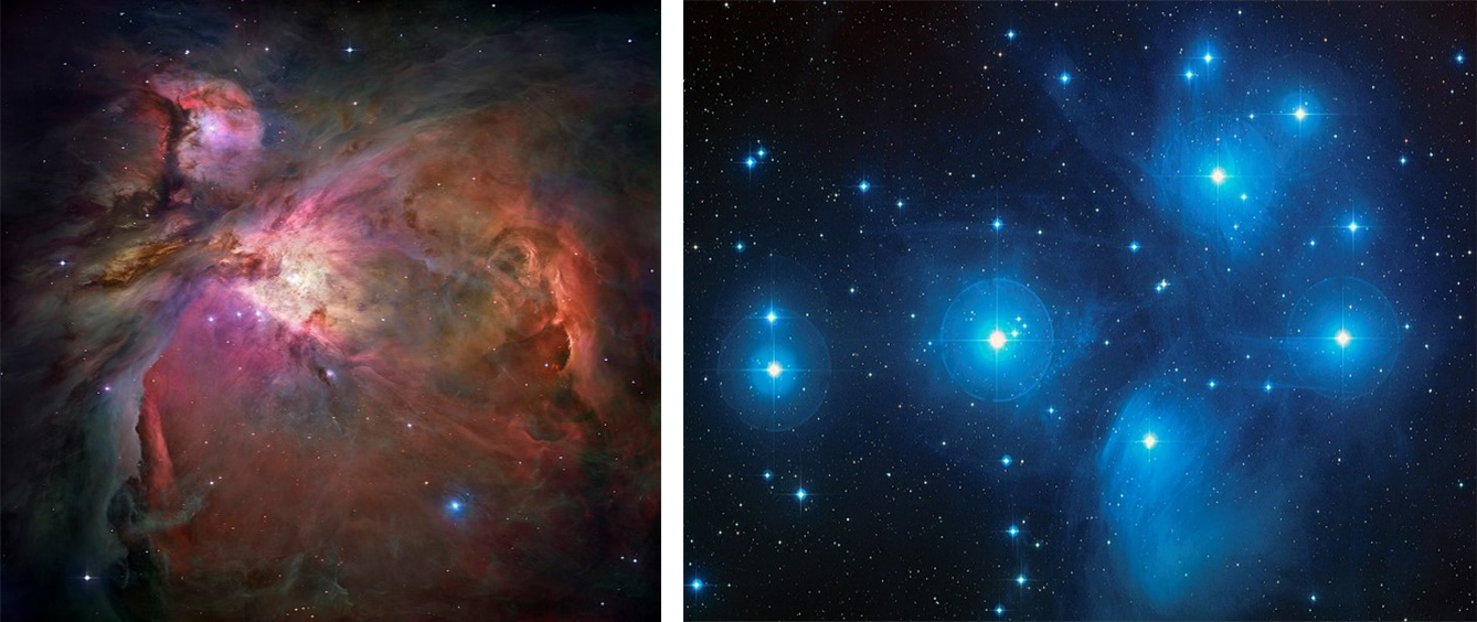 Left: Pinkiah-red cloud of gas, with point like stars shining through. Right: Dozens of stars, seen as bluish-white points of light, with the dark background of the sky. The larger stars are surrounded by hazy bluish clouds.