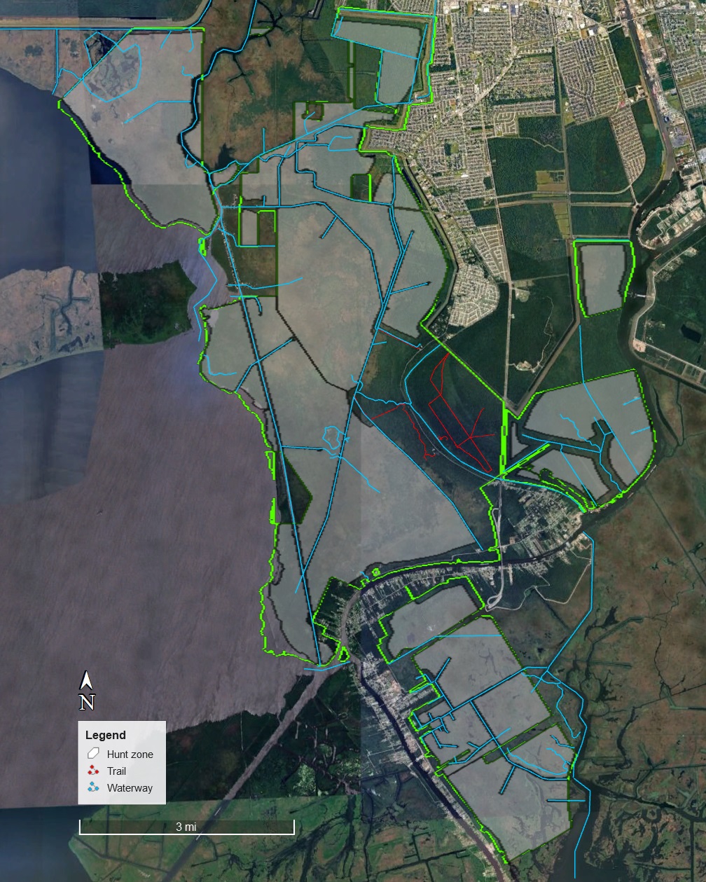 Aerial map of the Barataria Preserve showing areas where hunting is allowed.