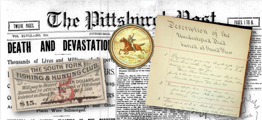 Items in the flood collection that include a newspaper, bond certificate and a piece of paper with writing on it.