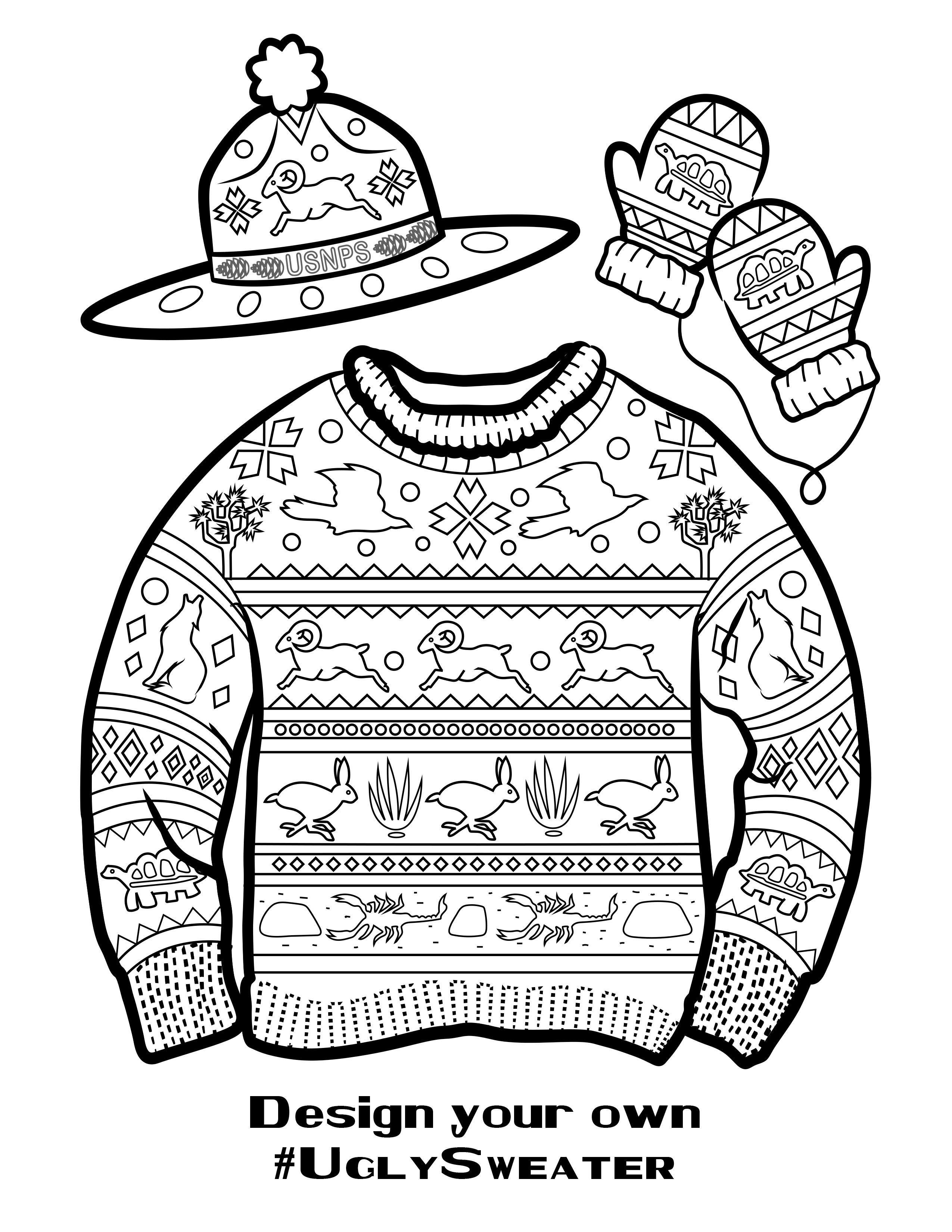 A coloring book page of a sweater with animal designs
