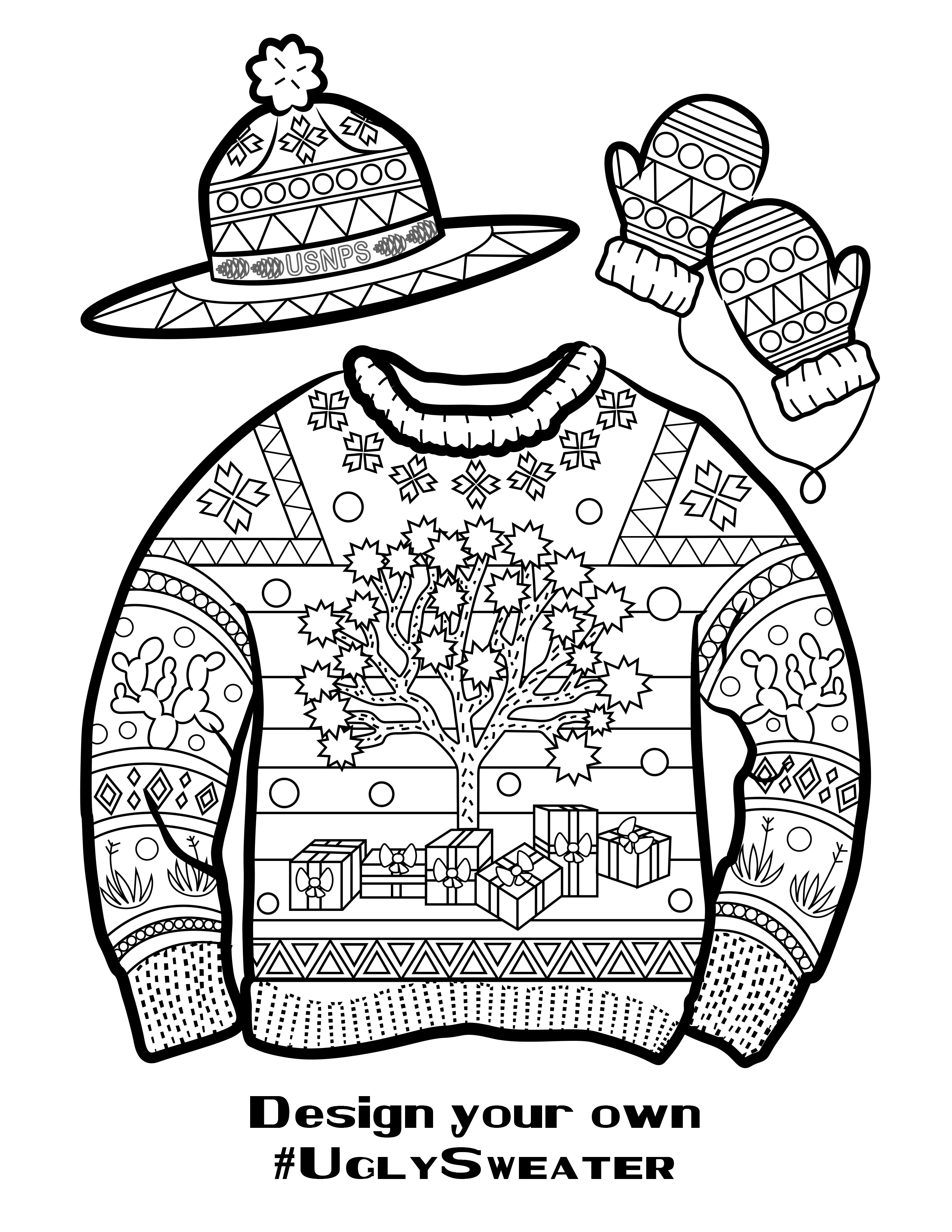A coloring page with a sweater with Joshua tree designs