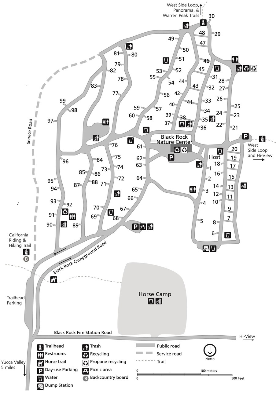 Black and white map of Black Rock Campground. The map is oriented for someone driving into the campground, so North faces the bottom of the page. The campground is made up of a number of nested loops.