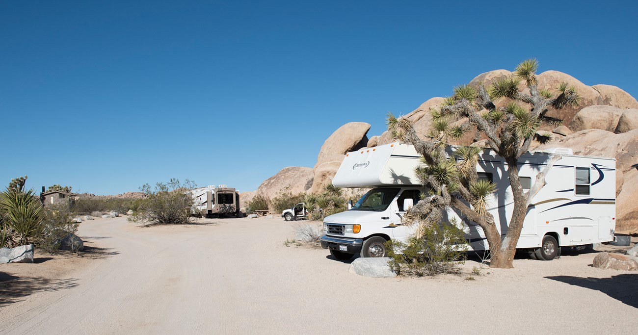 Color photo of RVs in sites at Belle Campground with rock formations and Joshua trees nearby. NPS / Hannah Schwalbe