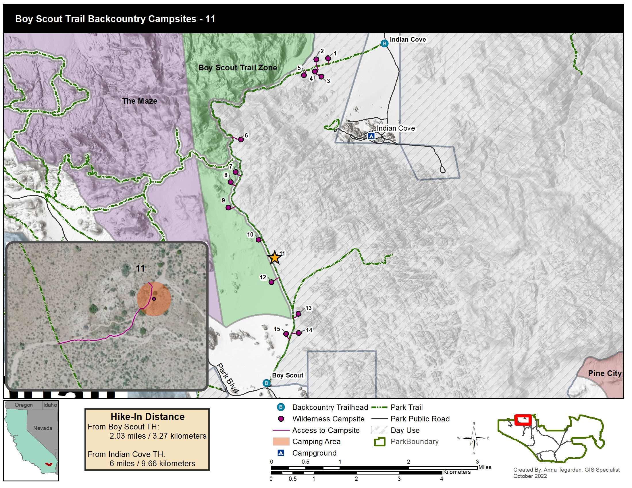 A map of designated campsites along the boy scout trail