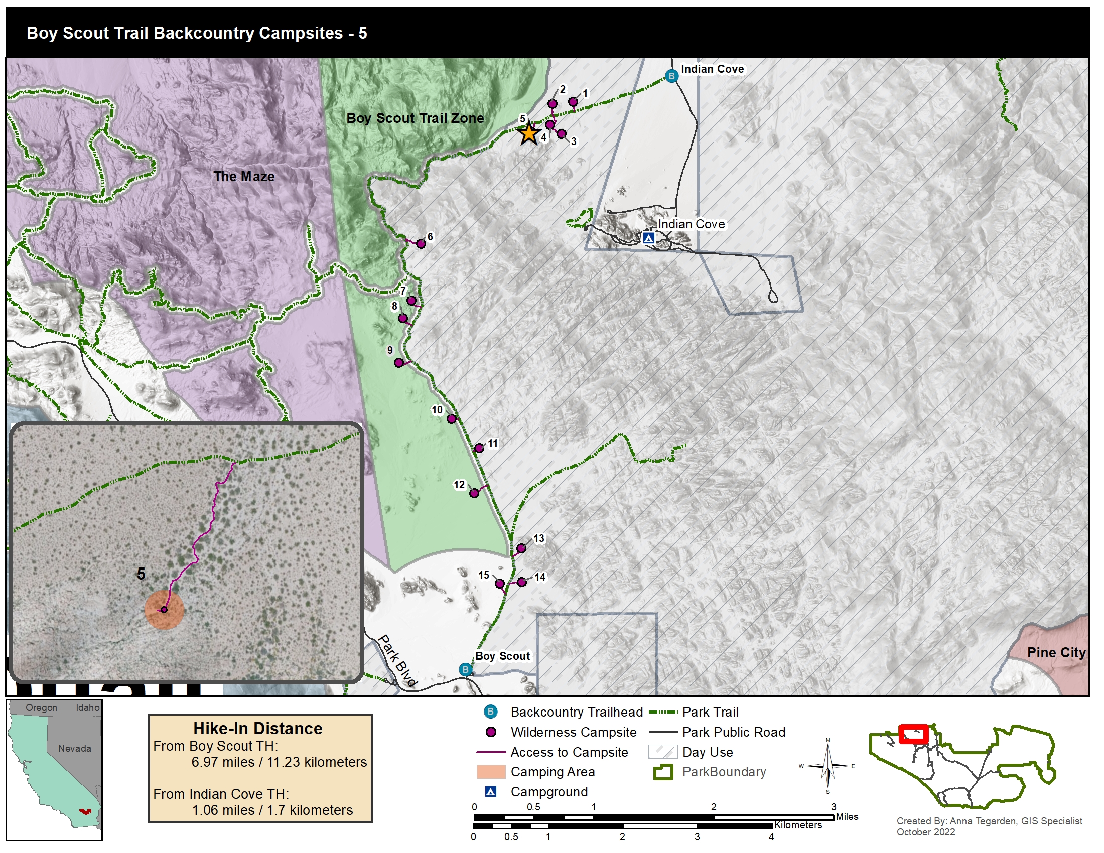 A map of designated campsites along the boy scout trail