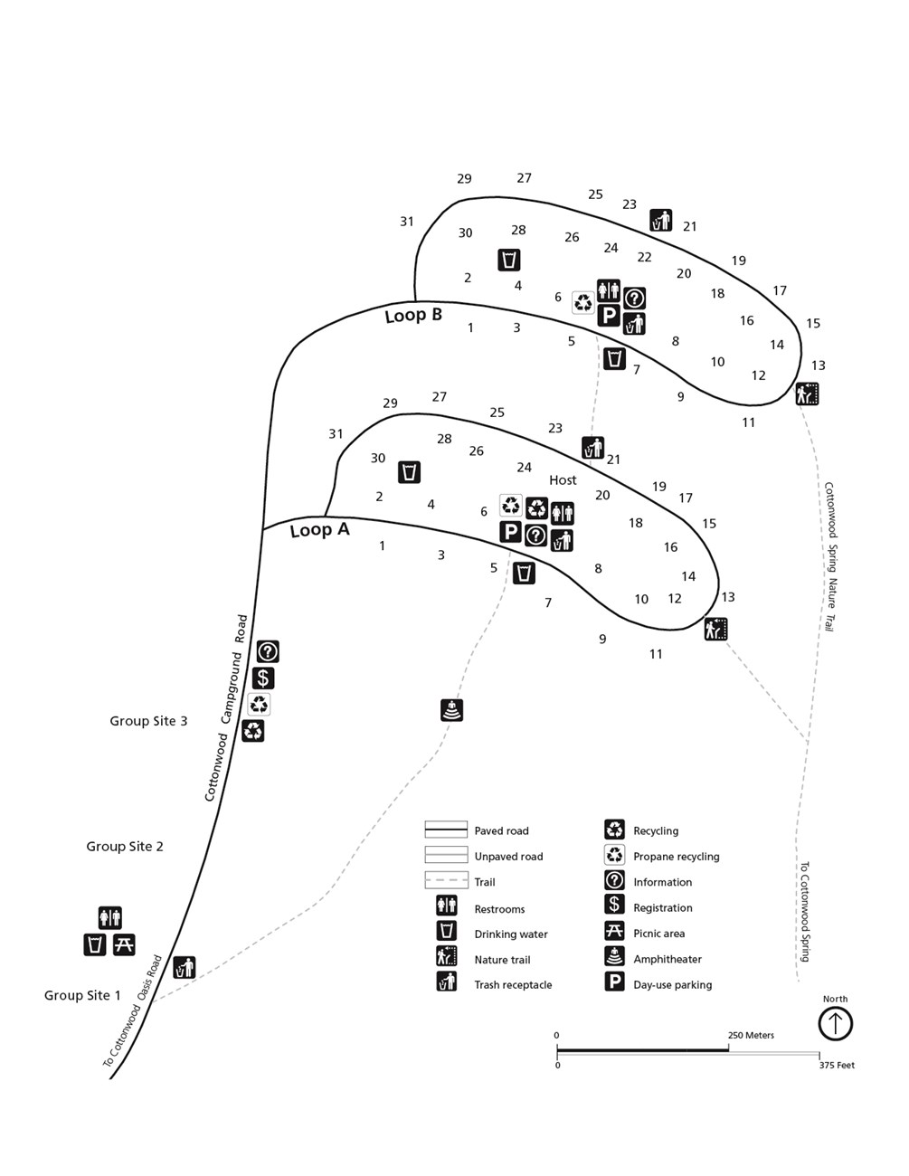 Black and white campground map. Map is oriented with North toward the top of the page. The campground is made of two loops.