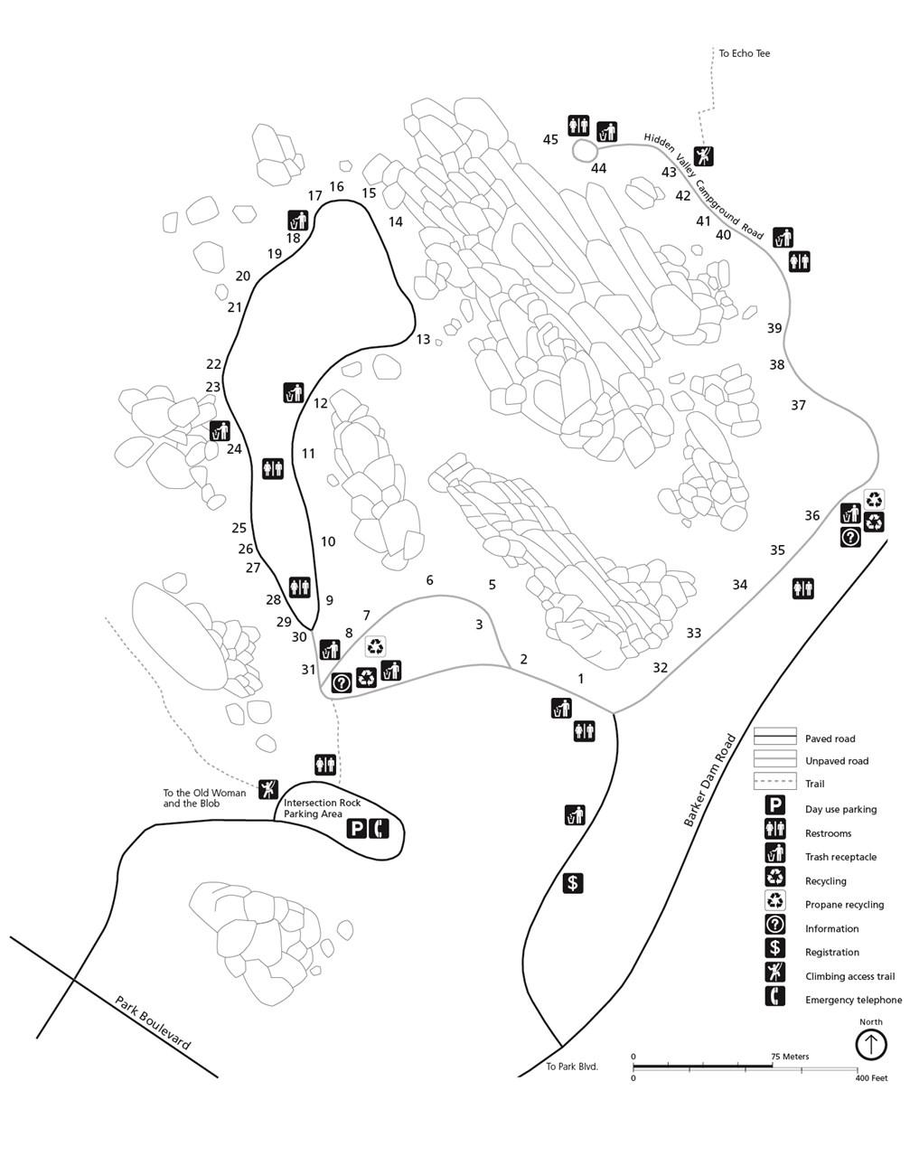 Black and white campground map. The map is oriented with North to the top of the page. The campground is made up of one dead end road and two loops.