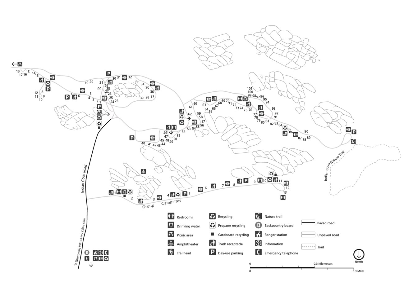 Black and white campground map layout. The map is oriented for a driver entering the campground, so the North arrow points to the bottom of the image. The campground is made of one dead-end road and a number of loops.