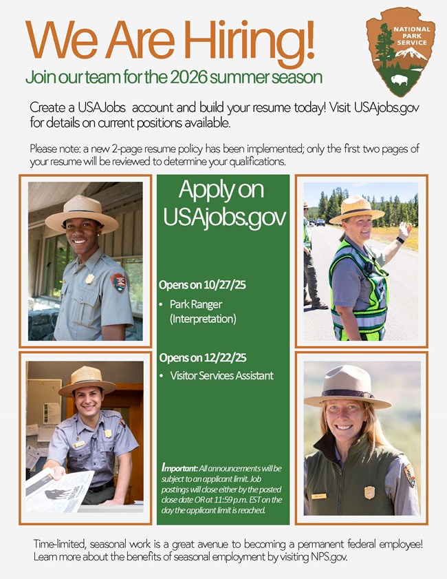 Four uniformed National Park Service employees wearing flat hats demonstrate employment in different seasonal jobs.