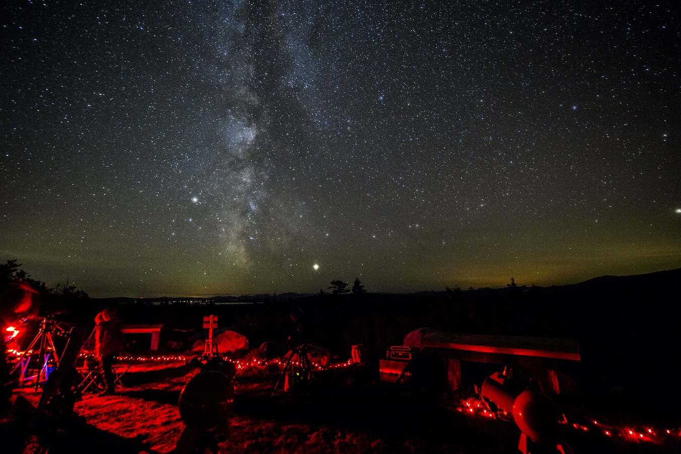 View of the Milky Way from the Loop Road Overlook at Stars Over Katahdin 2019. In the foreground people and telescopes are illuminated with red light.
