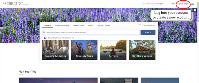 camping reservation step 1 - login. The login is at the top right corner of recreation.gov