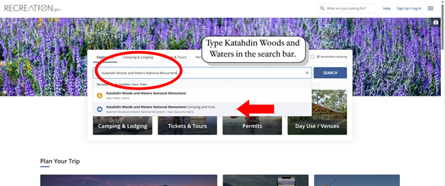 Search bar is in the middle of the recreation.gov home screen