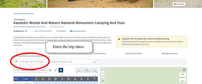 The date selection tool is on the left side of recreation.gov