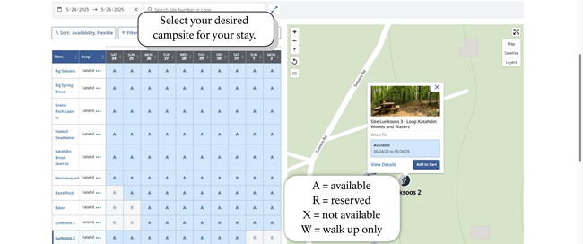 Recreation.gov lists all available campsites in a grid format.