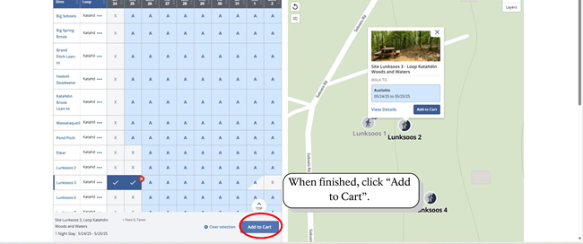 "Add to Cart" is a dark blue button located at the bottom of the campsite grid on recreation.gov