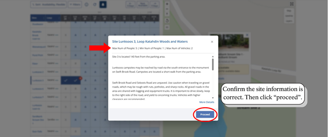 Proceed to cart by clicking the Proceed button on the recreation.gov pop up window.