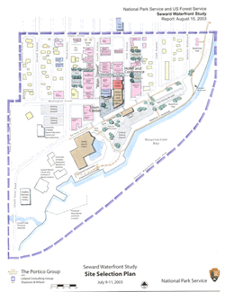 map of downtown Seward with proposed locations for the Mary Lowell Center