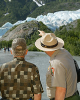 Ranger answering a visitor's question on Exit Glacier's Outwash Plain.