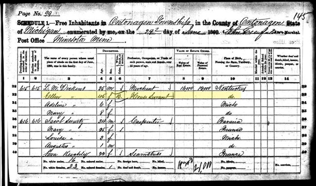 Excerpt from the 1860 census in Ontonagon Township, Michigan