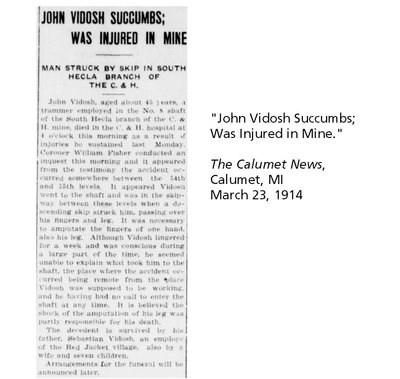 Newspaper article titled: "John Vidosh Succumbs; Was Injured In Mine."
