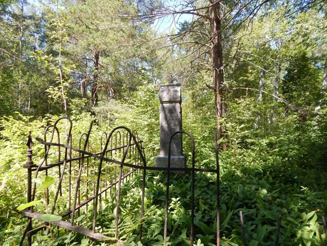 A grave marker is surrounded by a small iron fence in a forest.