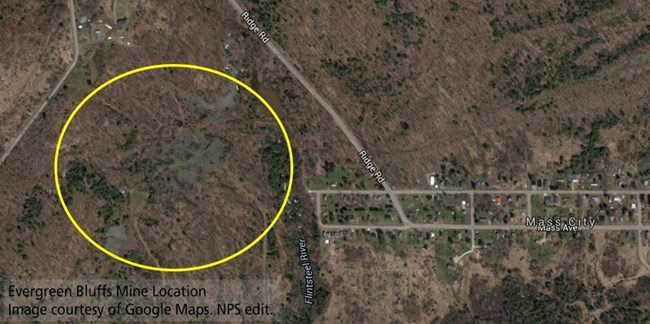 A satellite image of land near Mass City, Michigan with a yellow oval on it.
