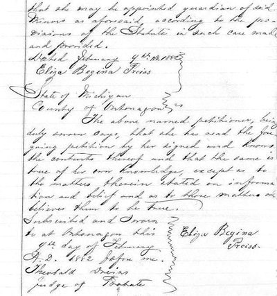 An excerpt from the 1882 Ontonagon County probate record from the estate of August Preiss.