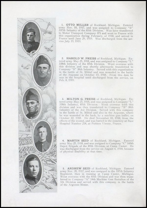 Five faces of young men and their wartime biographies are featured from World War I.