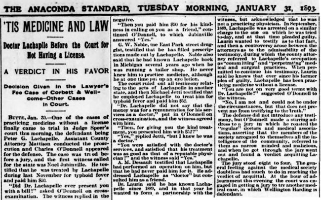 Article from The Anaconda Standard newspaper, Tuesday morning, January 31, 1893 titled "'Tis Medicine and Law"