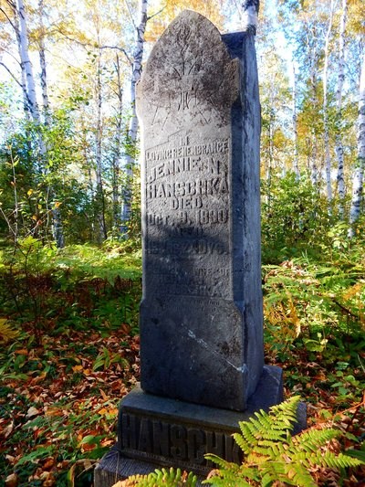 A grave marker in the forest.