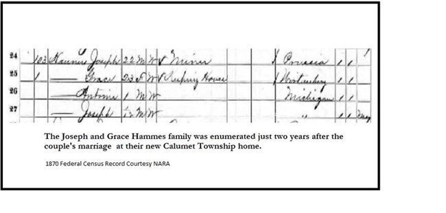 An excerpt from the 1870 U.S. Census for Calumet Township with Joseph and Grace Hammes names on it.