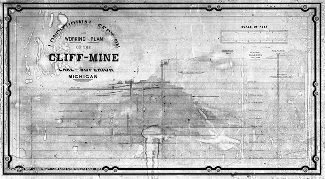 The workings of the Cliff Mine shown in blueprint form with shafts and drifts