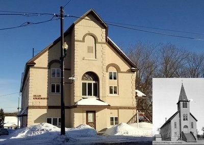 Two photos juxtaposed showing what was once a church is now an apartment building.