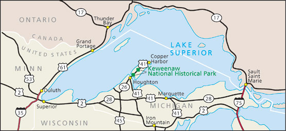 Regional map of Michigan's Upper Peninsula with location of Keweenaw National Historical Park.