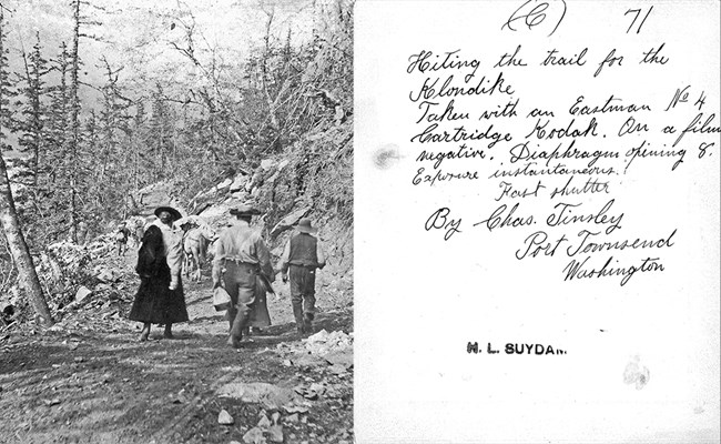 left people walking up a rough trail in old clothes, right reverse of photo with handwritten note