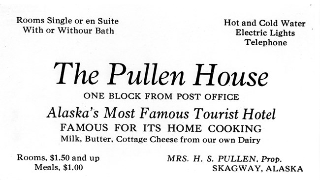 Historic ad for "The Pullen House" with text "Milk, Butter, Cottage Cheese from our own Dairy"