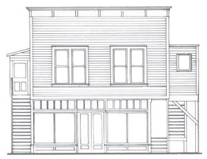 Line drawing of building with large lower windows and two flights of external stairs leading to a second storey.