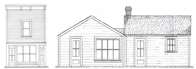 Line drawings of three buildings.