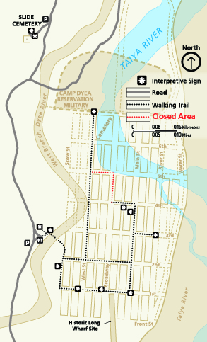 a map of trails along a river.  the northeast corner of trail is shown in red with a "closed area" label