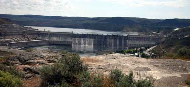 View of the Grand Coulee Dam from the down river side.