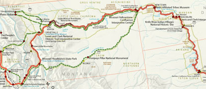 Section of map showing Lewis and Clark National Historic Trail.