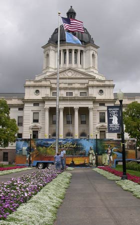 Capitol building at Pierre, South Dakota, with Corps of Discovery II truck.