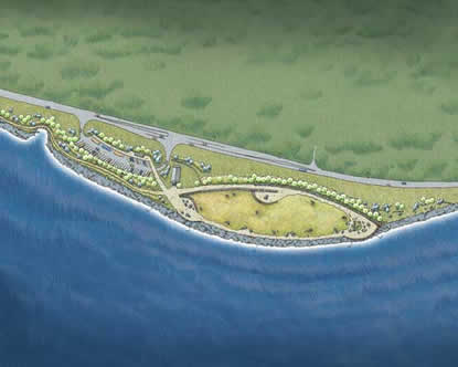 This image is a schematic park design for the Station Camp site.  The functional aspects of the park such as parking and restrooms are located west of the St. Mary’s Church while the interpretive areas of the park are located along pedestrian walkways east of the existing church.