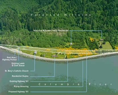 This aerial photograph depicts the existing conditions at the Station Camp site with an overlay of the proposed realignment of Highway 101. The graphic illustrates the extent of the proposed highway realignment which creates an area for development of the Station Camp park site along the river.